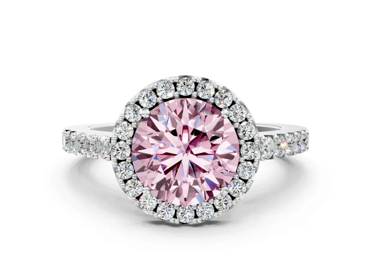 Fancy Pink Round Cut Halo Diamond Pavé Solitaire Ring Platinum