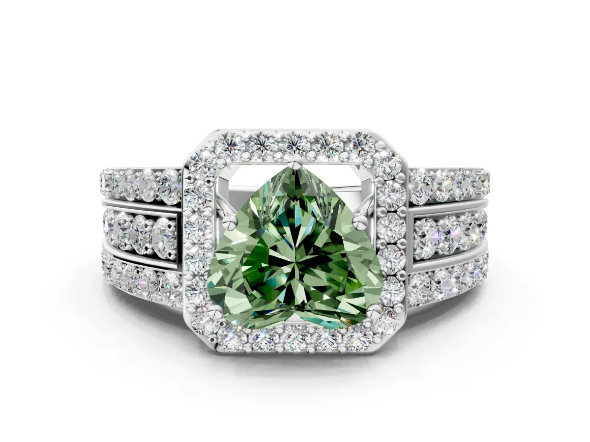 Fancy Green Heart Cut Halo Diamond Ring with Round Split Shank and Prong Setting Silver