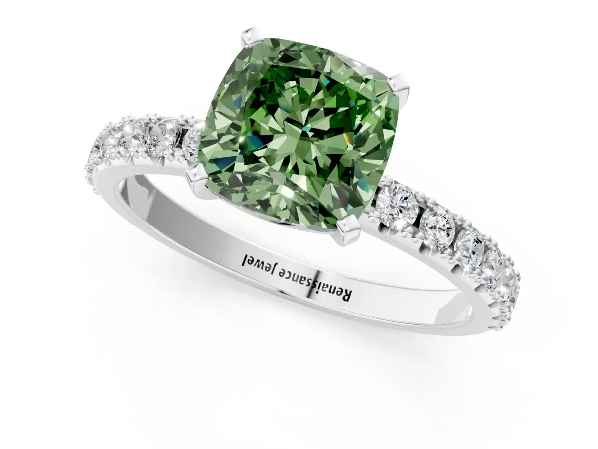 Fancy Green Cushion Cut Diamond Solitaire Pavé Band with Four-Prong Setting Silver