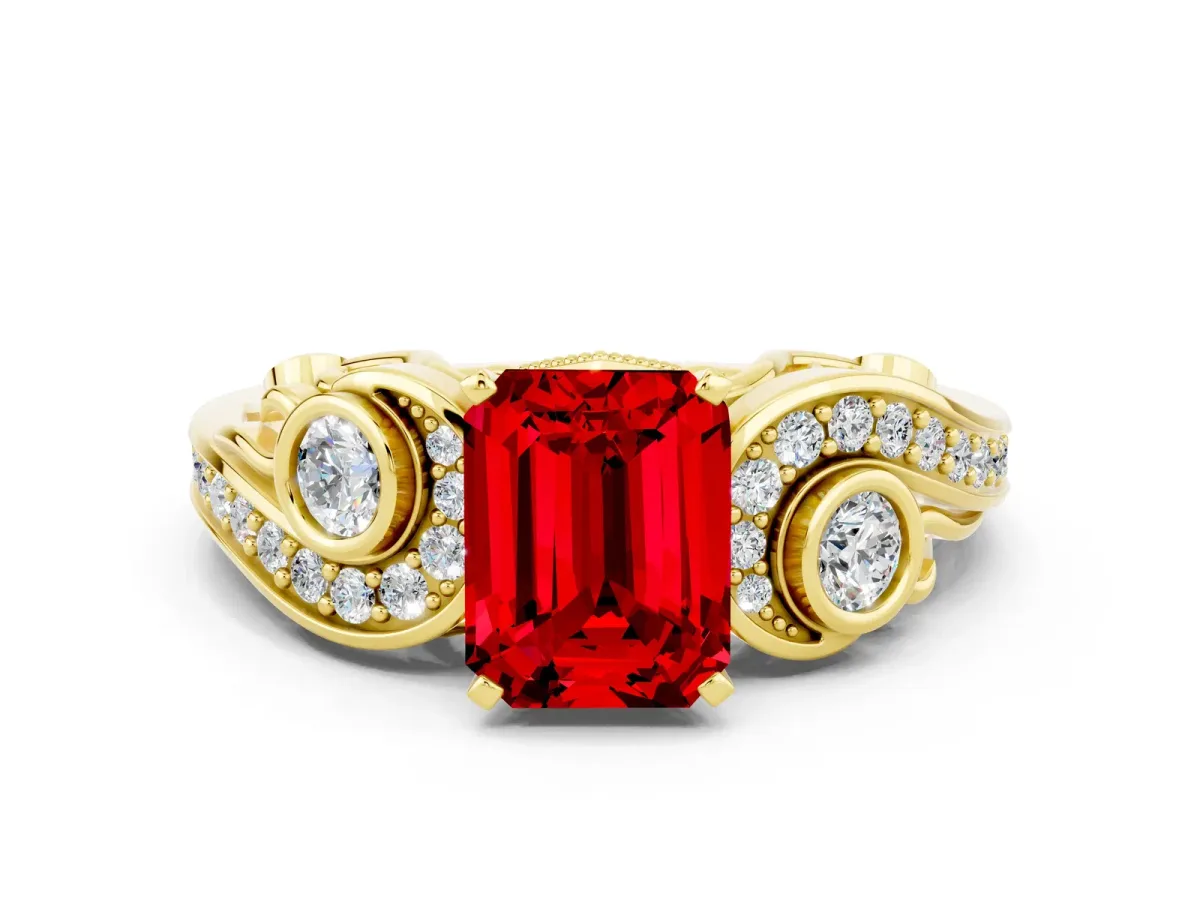 Emerald Cut Ruby Solitaire Ring with Milgrain Pavé Band and Four-Prong Setting Yellow gold