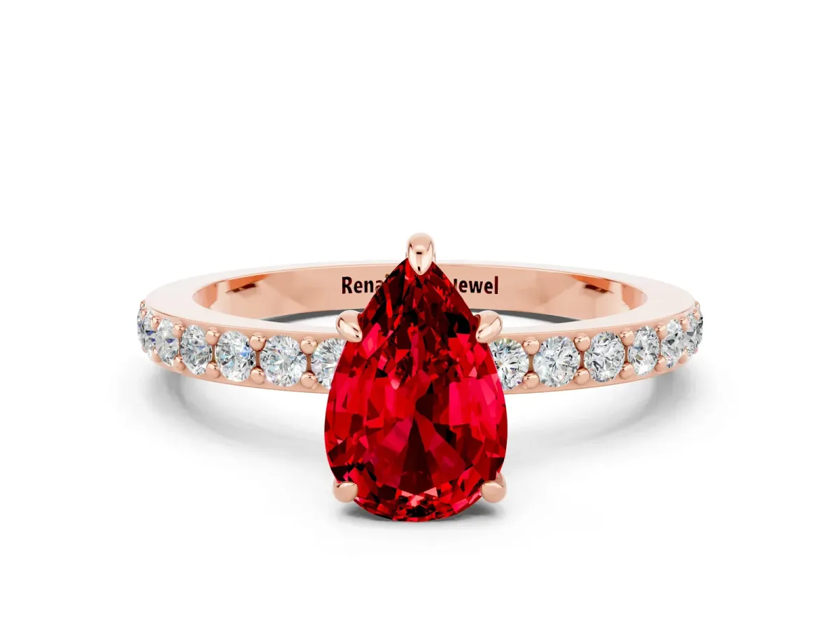 Pear Cut Ruby Solitaire Engagement Ring with Pavé Band and Four-Prong Setting Rose gold