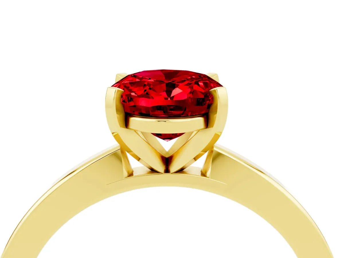 Oval Cut Ruby Solitaire Engagement Ring with Classic Band and Four-Prong Setting Yellow gold