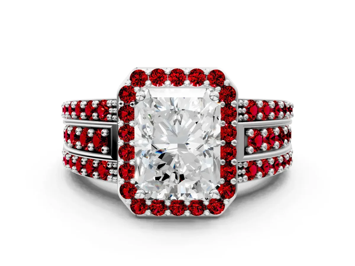 Radiant Cut Halo Diamond Ring with Round Ruby Split Shank and Prong Setting Silver