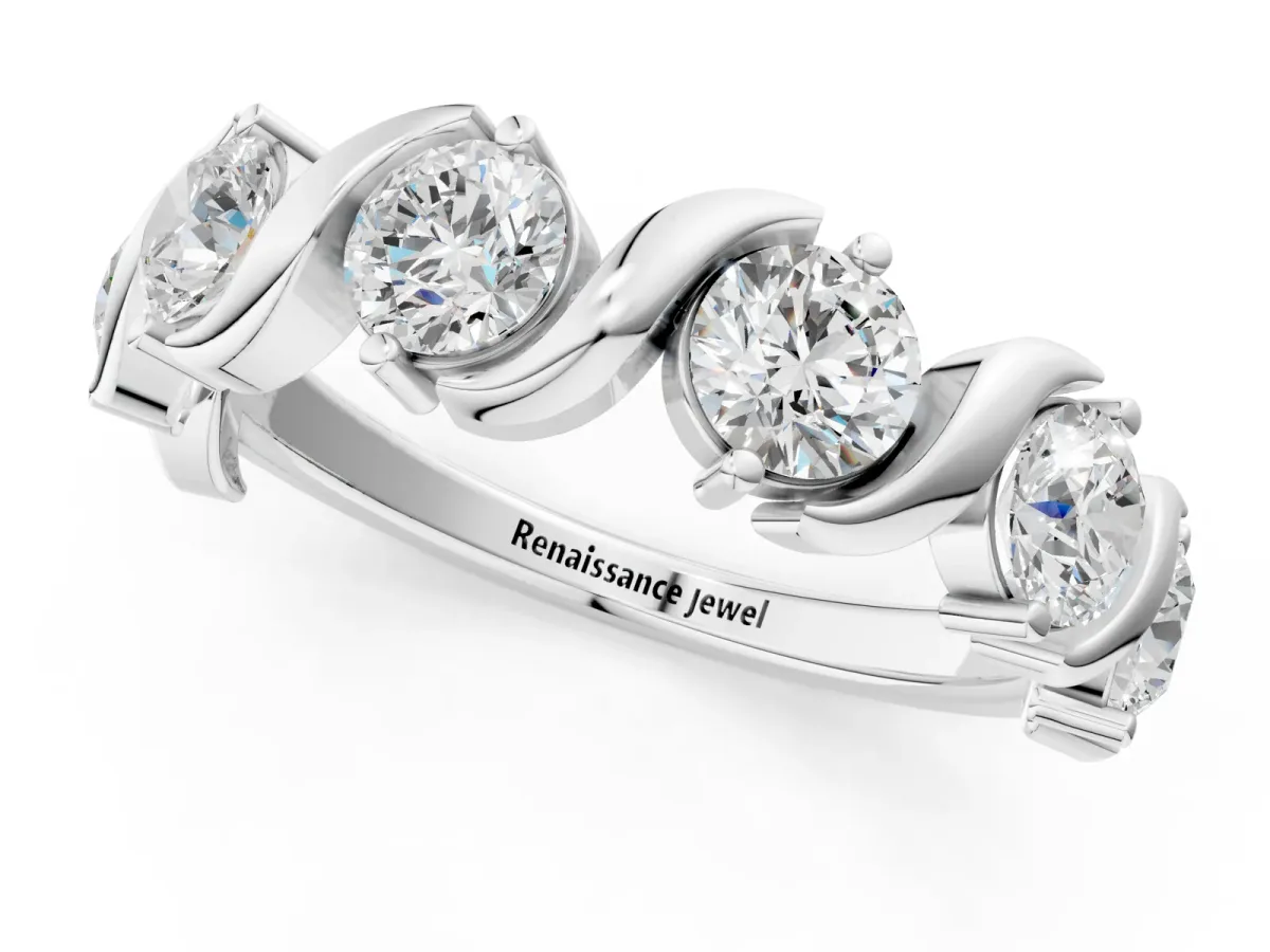 Six-Stone Round Diamond Wave Band with Shared Prong Setting White gold