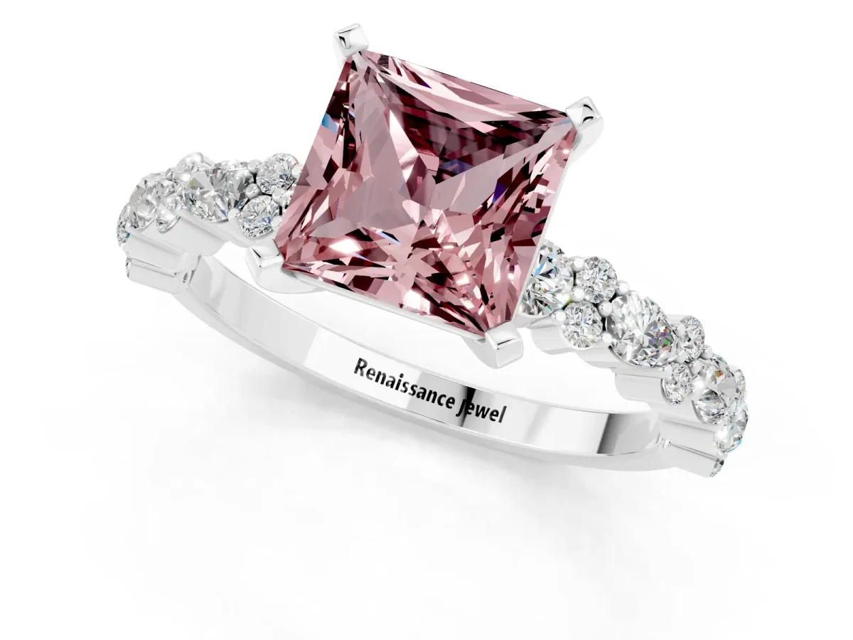 Princess Cut Morganite Side Stone Solitaire Ring with Round and Four-Prong Setting Platinum