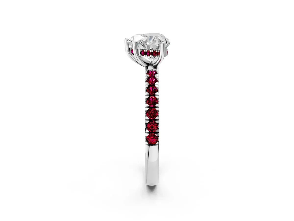 Heart Cut Diamond Pave Band Solitaire Ring with Round Garnet and Prong Setting Silver
