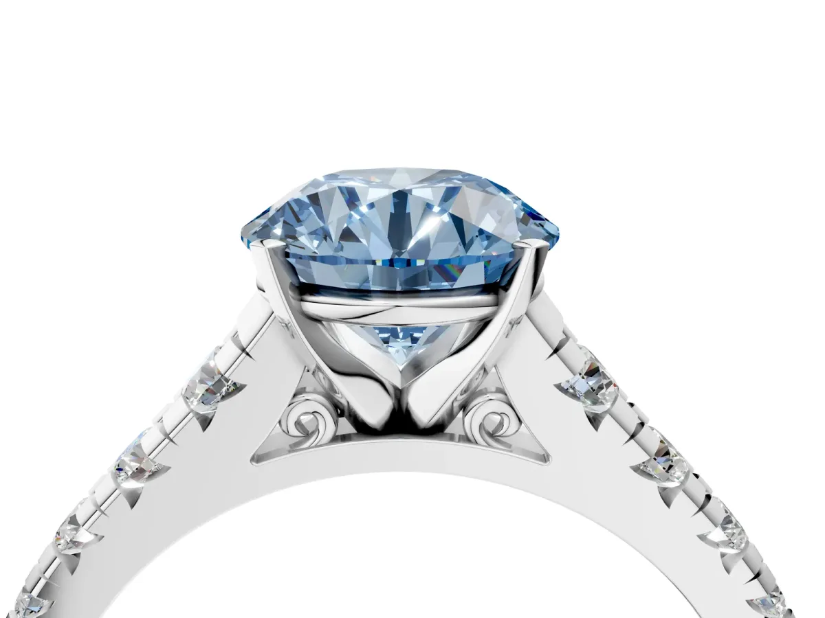 Fancy Blue Round Cut Diamond Cathedral Solitaire Ring with Round Pavé Band Silver