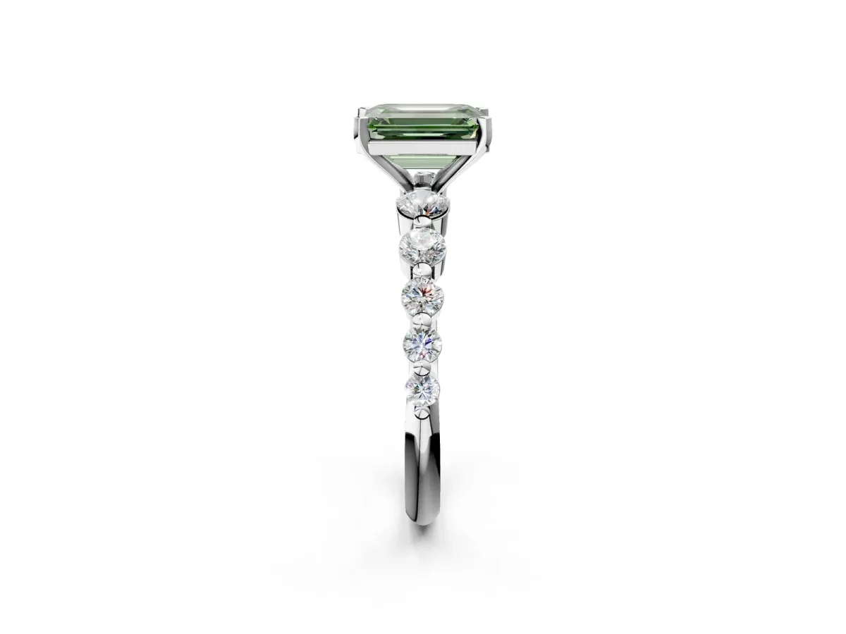 Fancy Green Emerald Cut Solitaire Diamond Ring with Pave Band and Four-Prong Setting Platinum