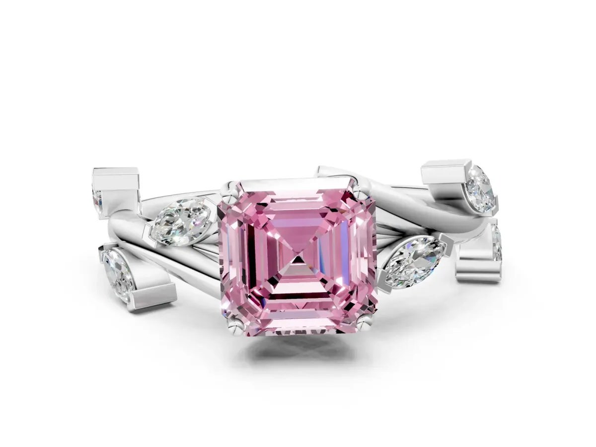 Fancy Pink Asscher Cut Solitaire Twisted Band Marquise Accent Prong Setting Ring Platinum
