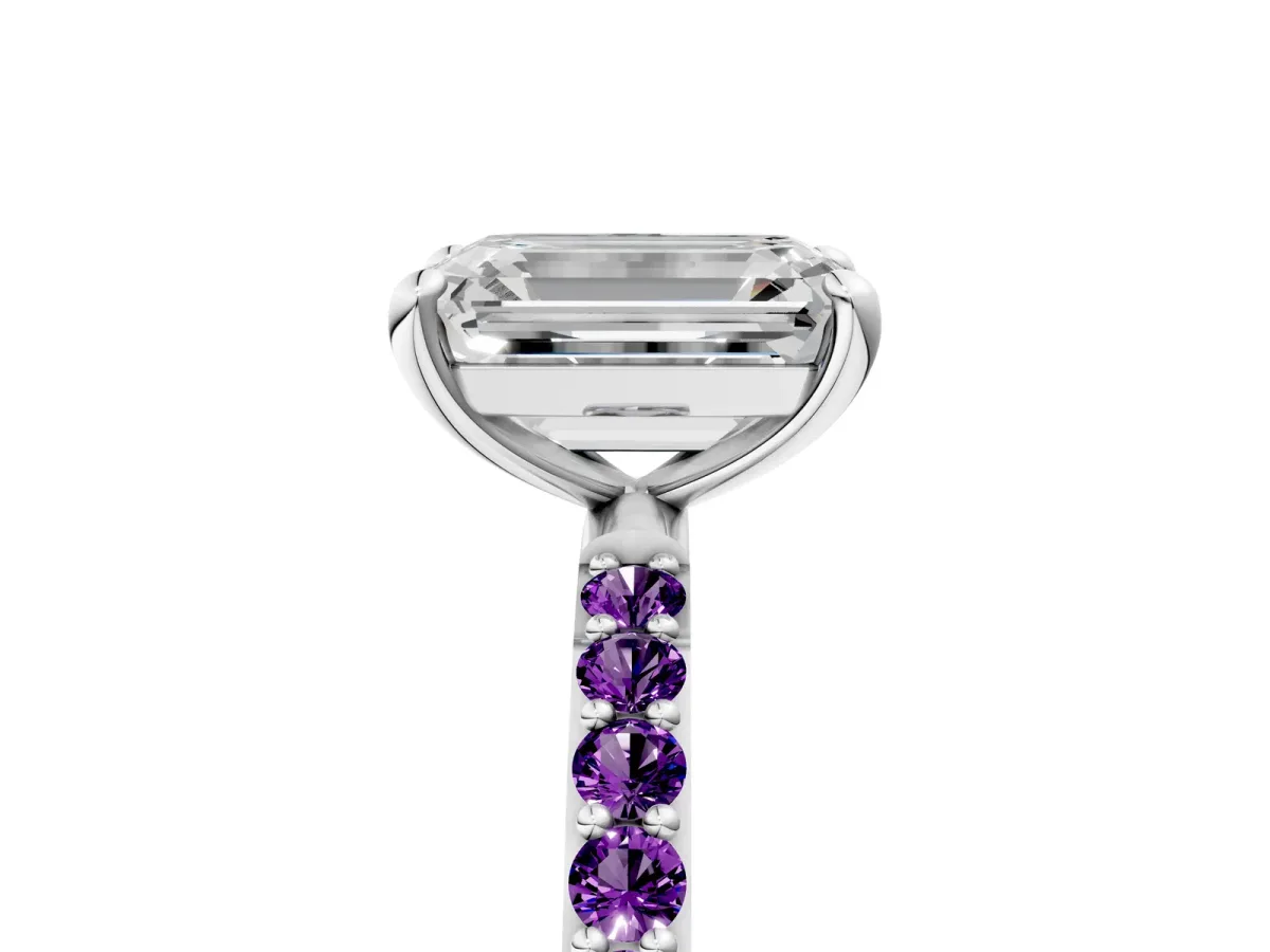 Emerald Cut Diamond Solitaire Ring with Round Amethyst Pavé Band and Prong Setting Platinum