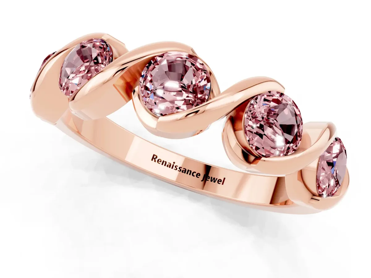 Round Morganite Wave Band with Channel Setting and Shared Prongs Rose gold