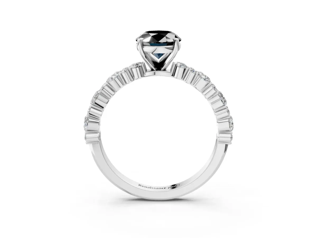 Fancy Black Oval Cut Diamond Side Stone Solitaire Ring with Round and Four-Prong Setting Platinum