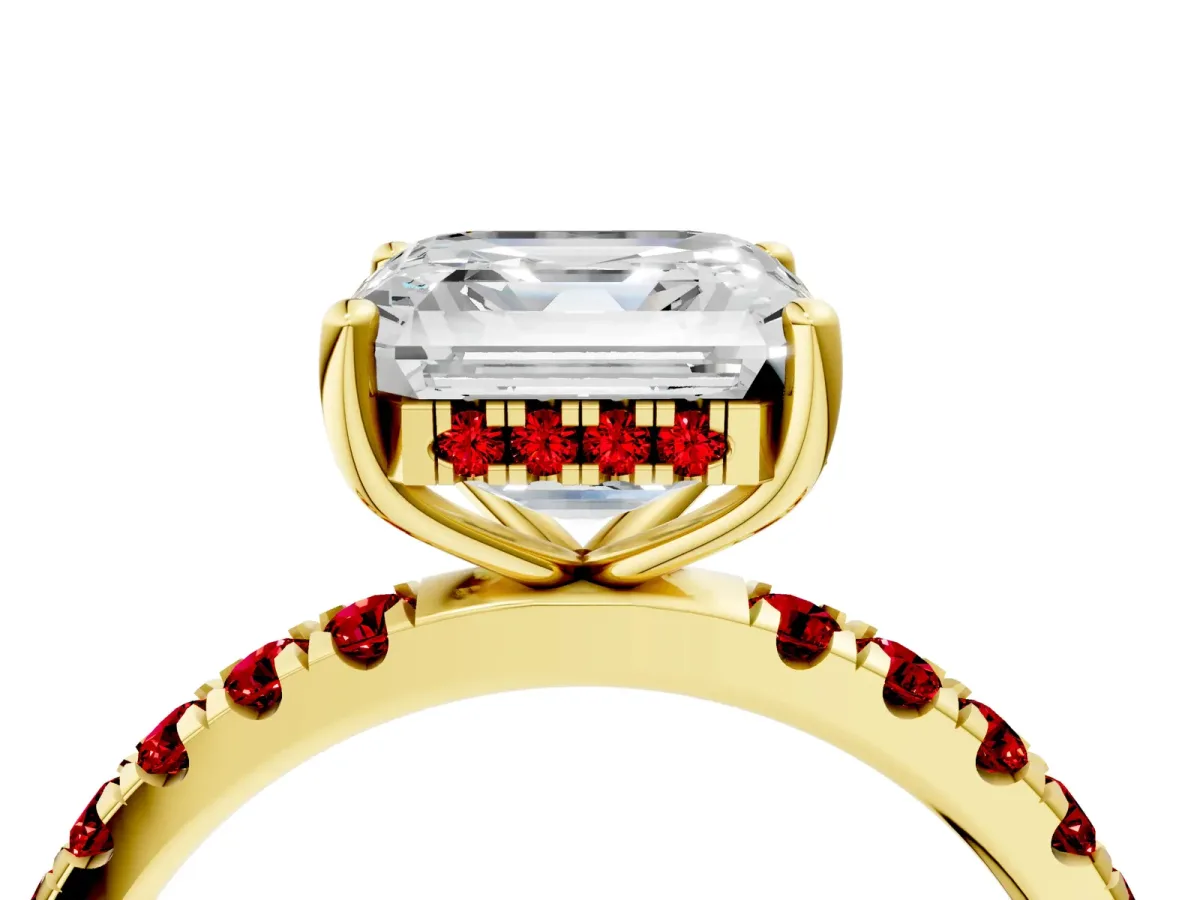 Asscher Cut Diamond Pave Band Solitaire Ring with Round Ruby and Prong Setting Yellow gold