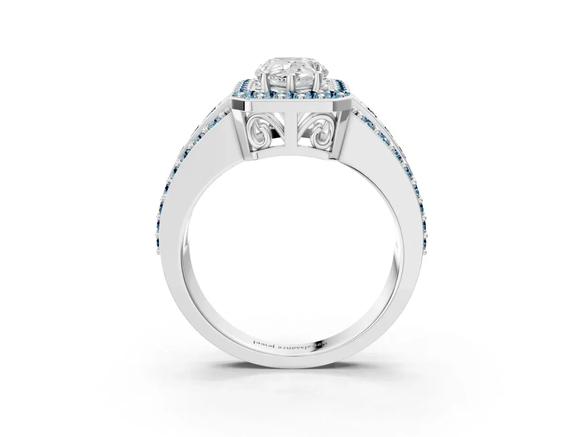 Pear Cut Halo Diamond Ring with Round Aquamarine Split Shank and Prong Setting Silver