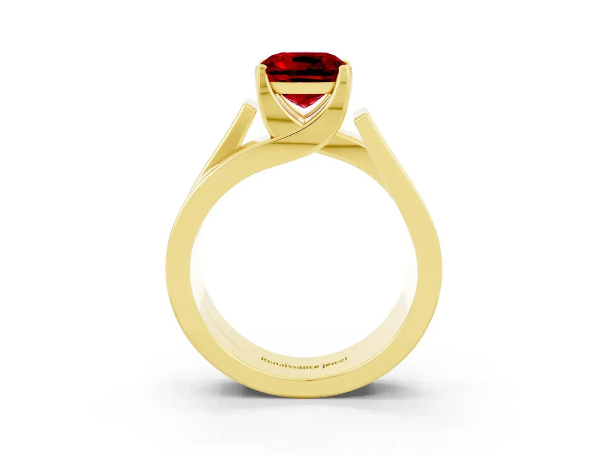 Modern Tension Set Cushion Cut Ruby Solitaire Wide Band Ring Yellow gold