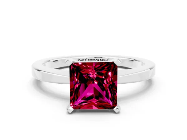 Princess Cut Garnet Solitaire Engagement Ring with Classic Band and Four-Prong Setting Silver