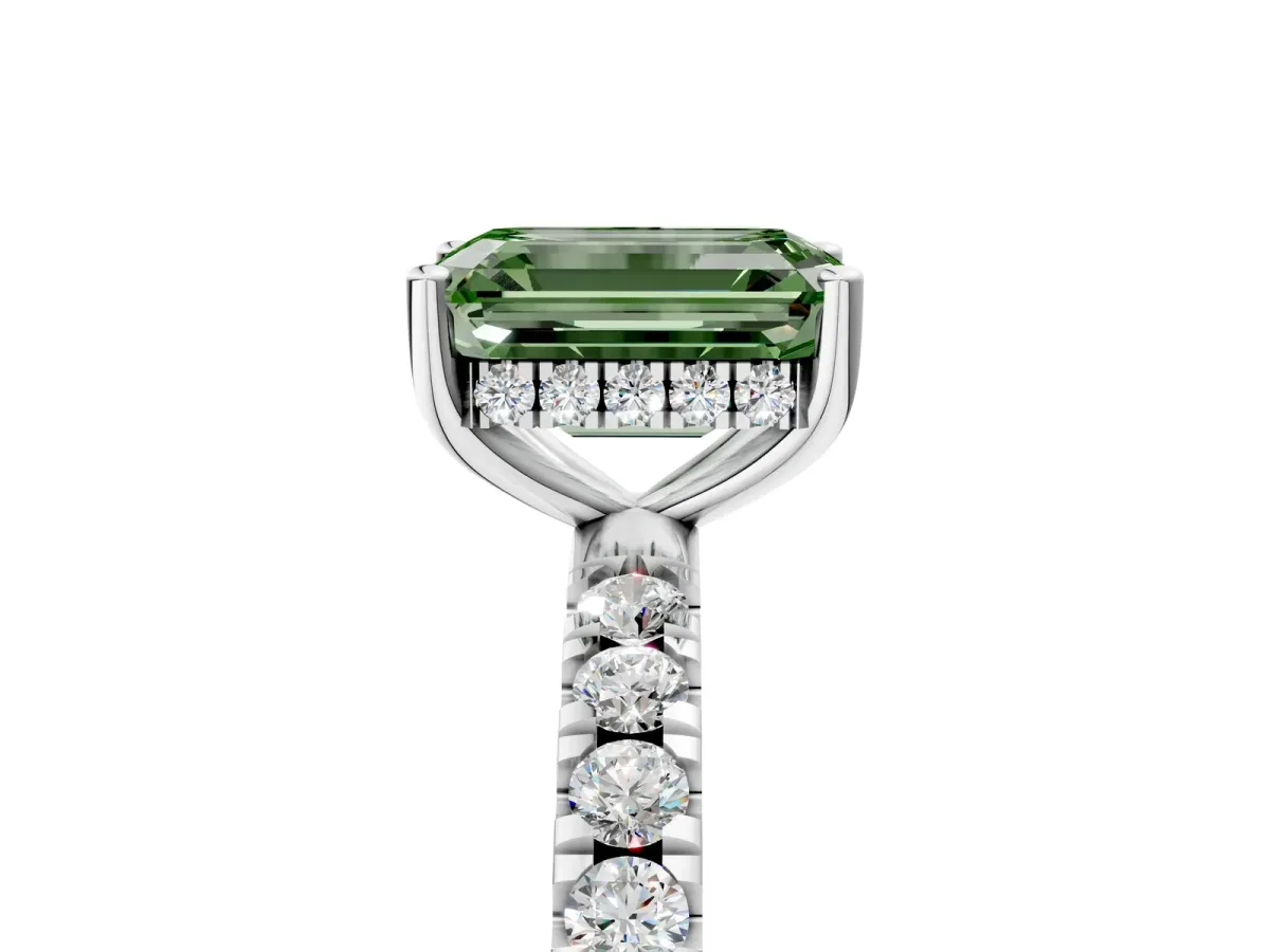 Fancy Green Emerald Cut Diamond Pave Band Solitaire Ring with Round and Prong Setting Platinum