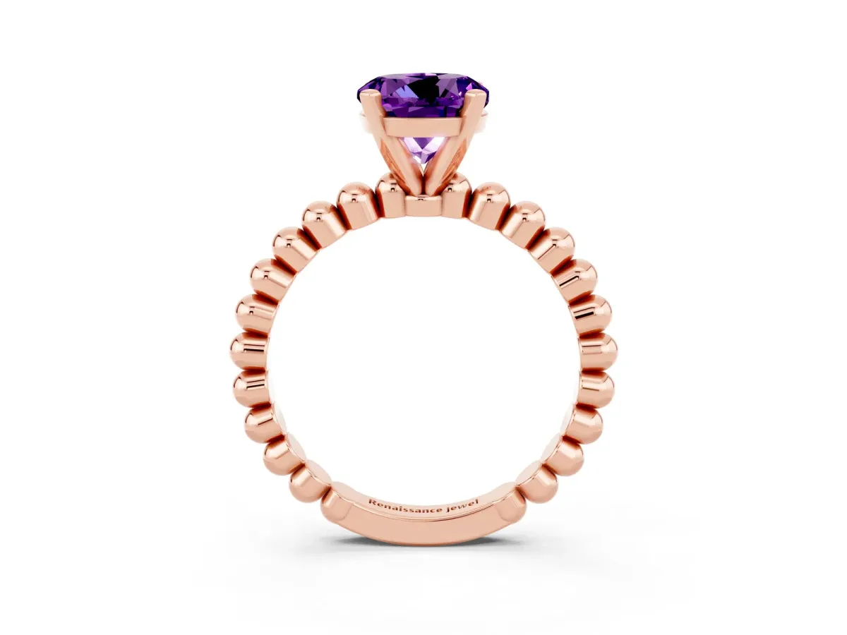 Round Cut Amethyst Solitaire Ring with Beaded Band and Prong Setting Rose gold