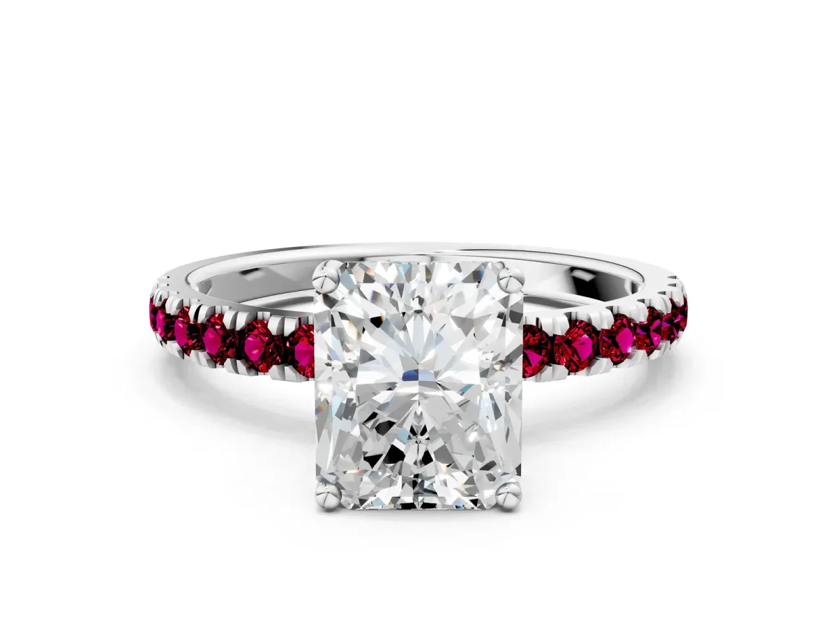 Radiant Cut Diamond Pave Band Solitaire Ring with Round Garnet and Prong Setting Silver
