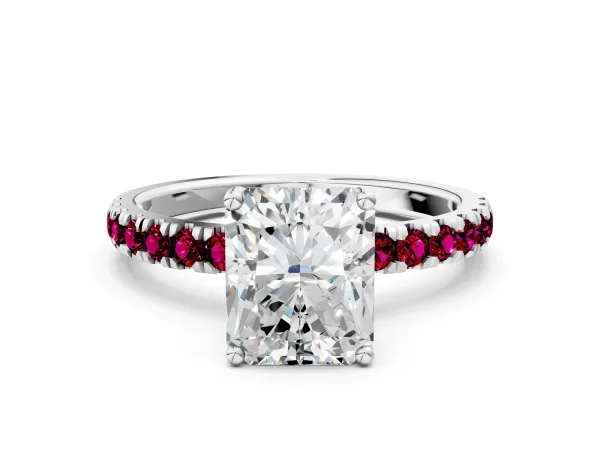 Radiant Cut Diamond Pave Band Solitaire Ring with Round Garnet and Prong Setting Platinum