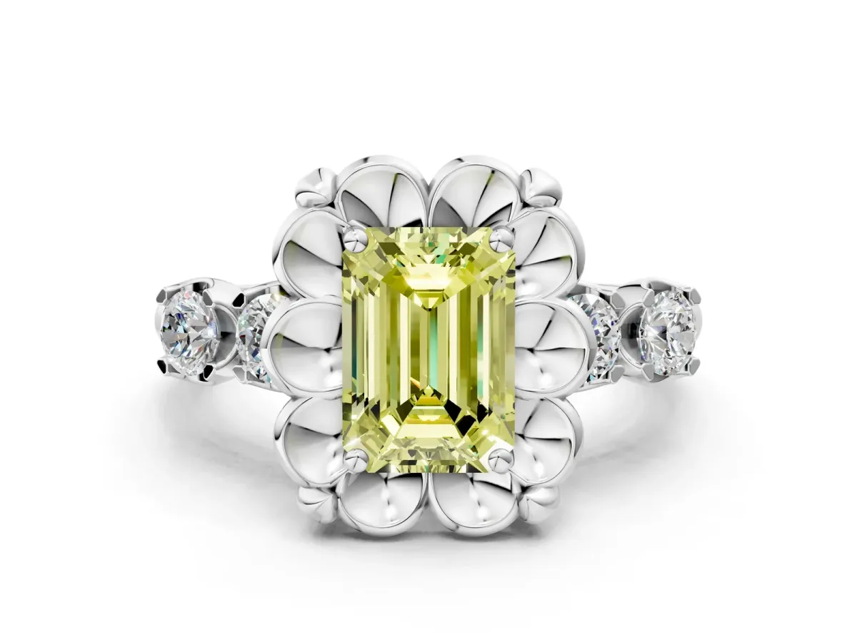 Fancy Yellow Emerald Cut Cut Diamond Floral Halo Engagement Ring with Shared Prong Setting Silver