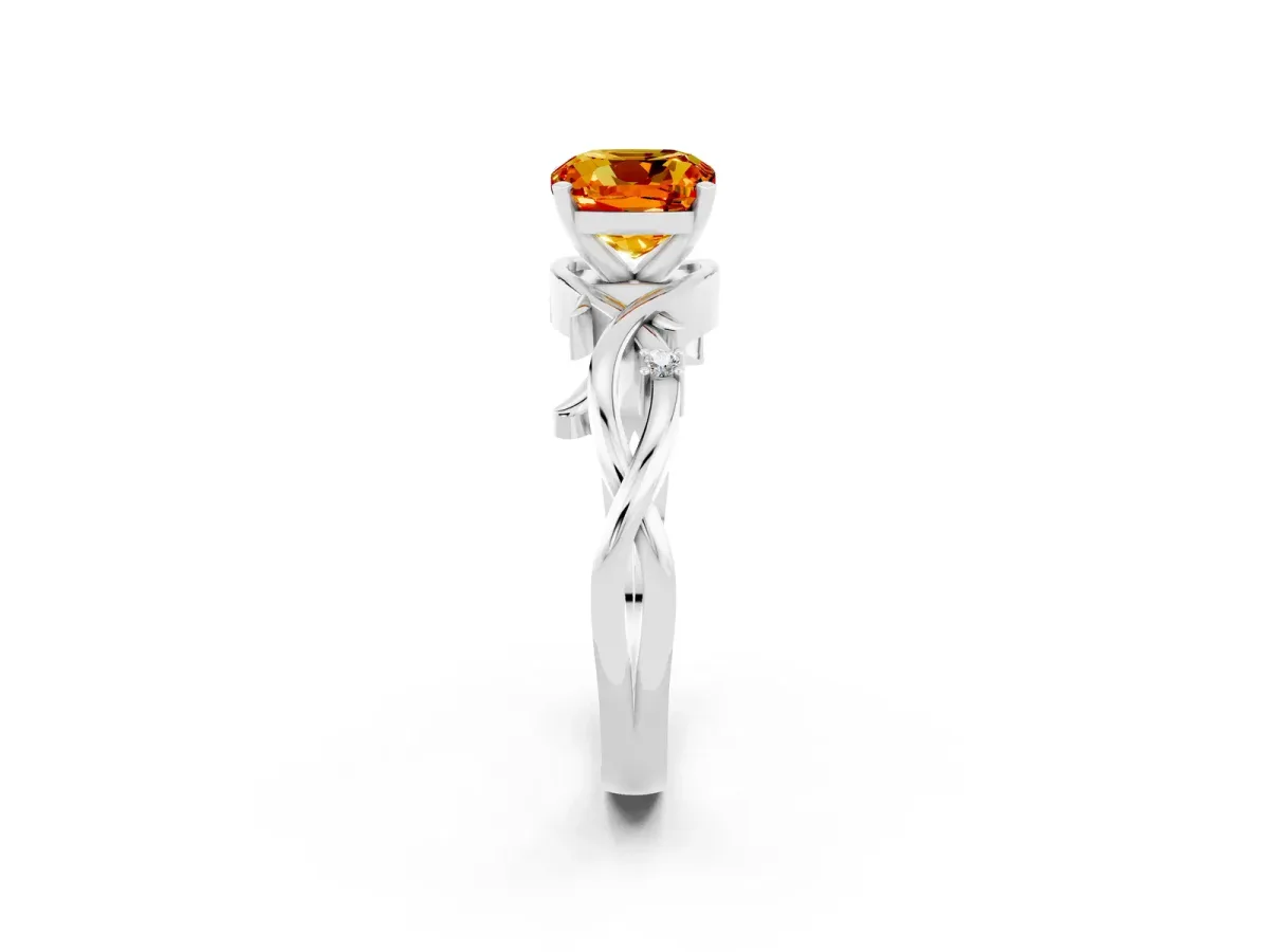 Cushion Cut Citrine Solitaire Ring with Twisted Band and Prong Setting Silver