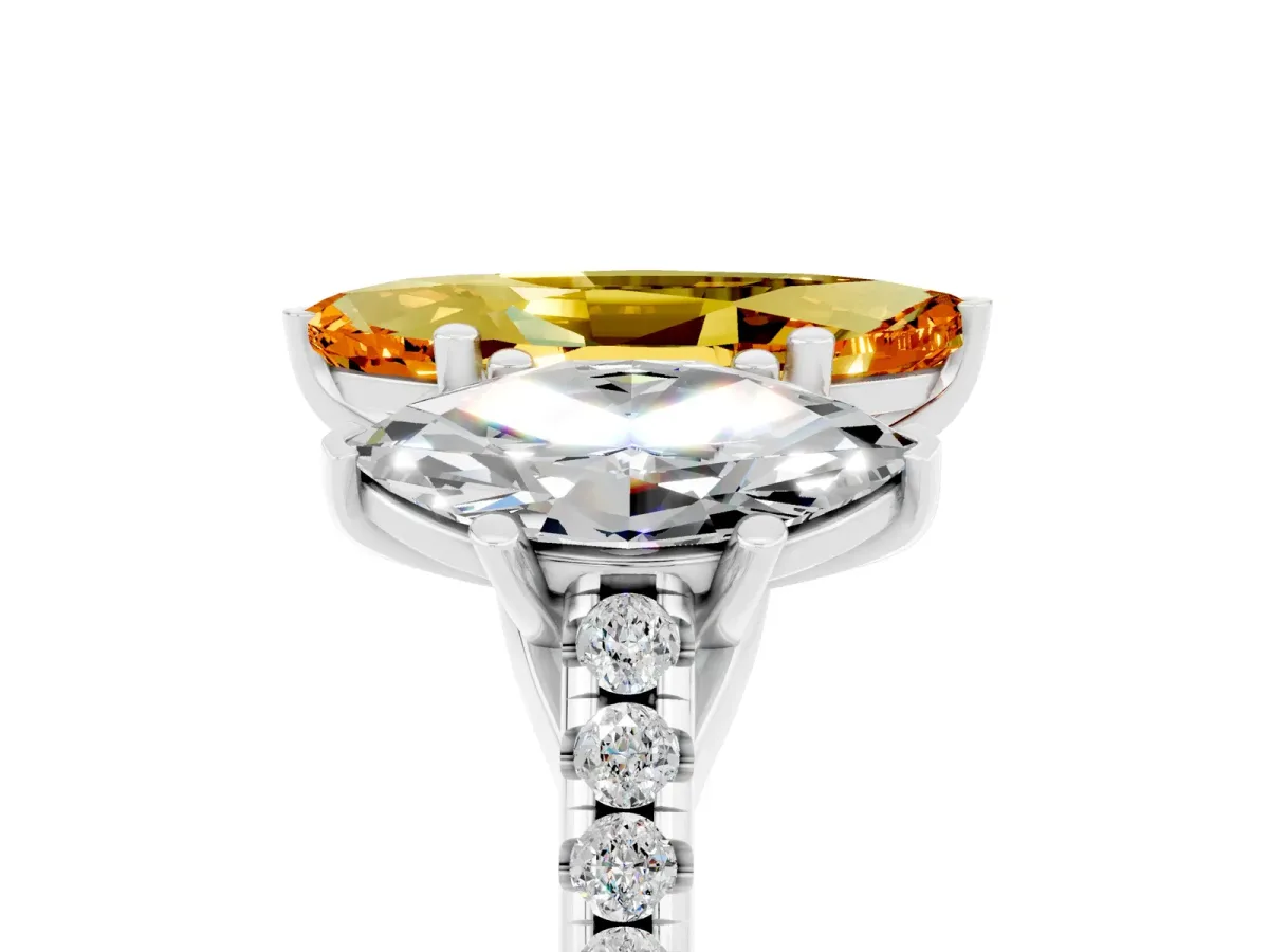 Three-Stone Marquise Cut Citrine Ring with Round Pavé Band and Prong Setting Silver