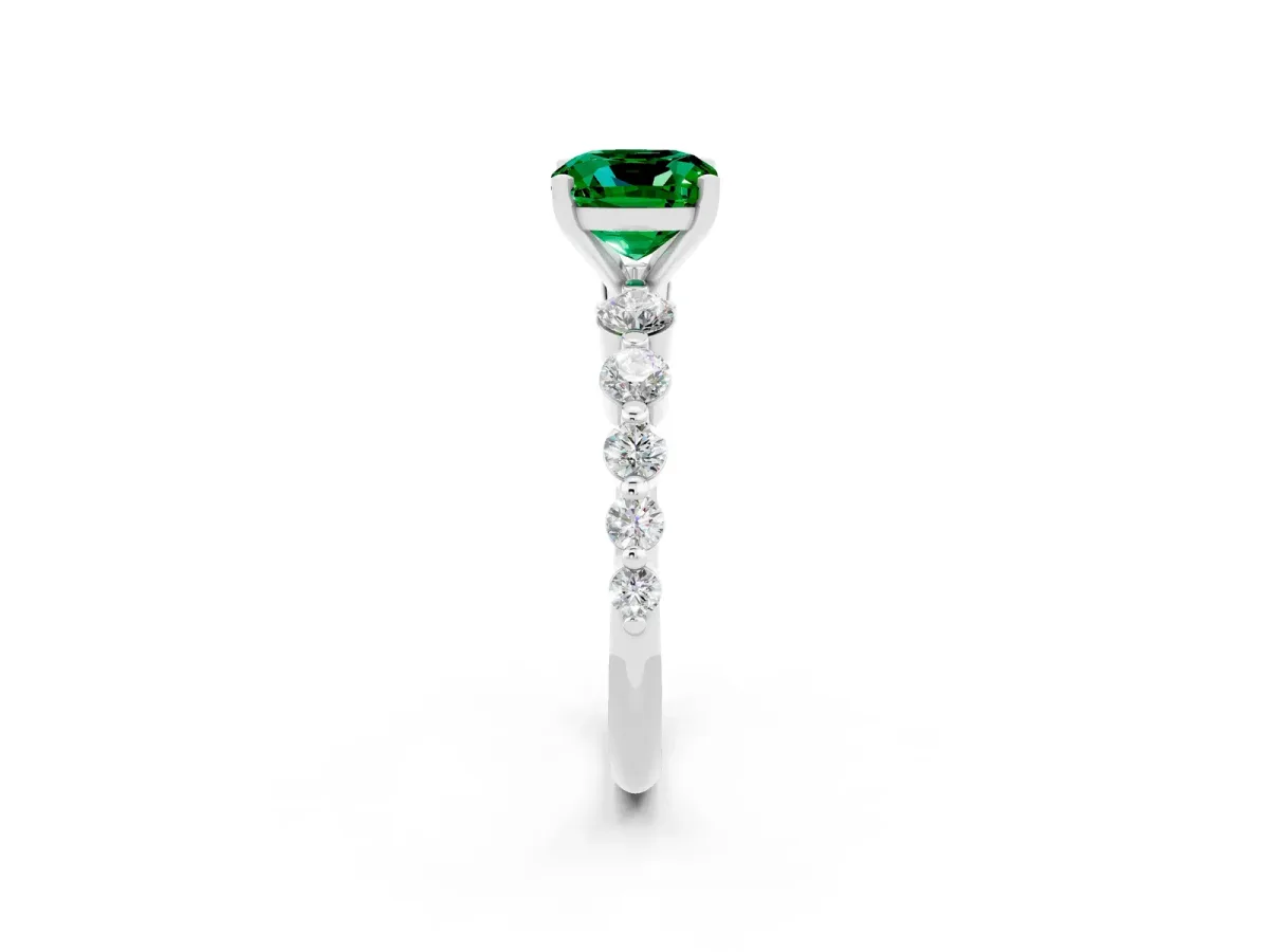 Cushion Cut Solitaire Emerald Ring with Pave Band and Four-Prong Setting Platinum