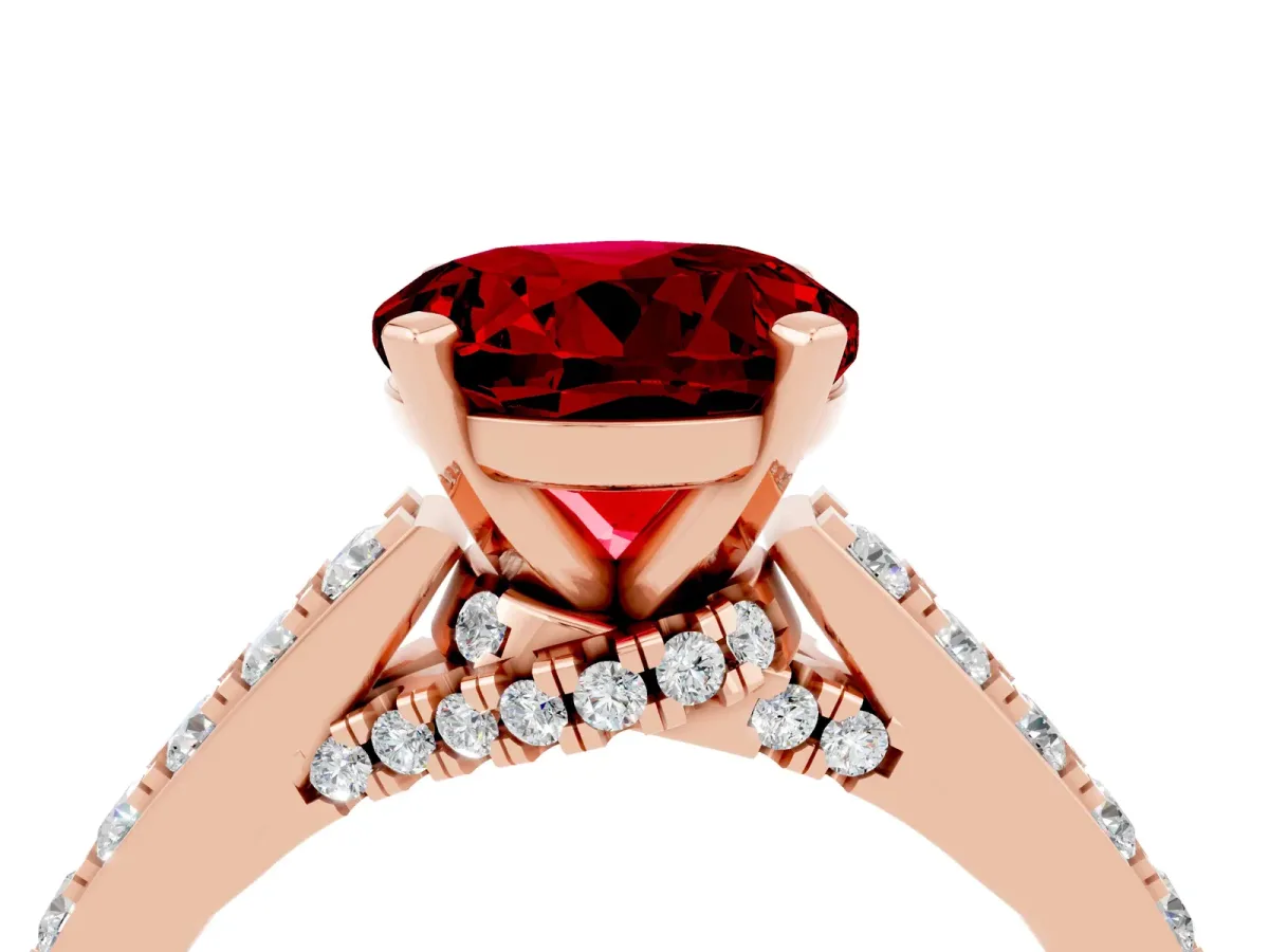 Round Cut Ruby Solitaire Ring with Crossover Gallery and Round Pavé Band Rose gold