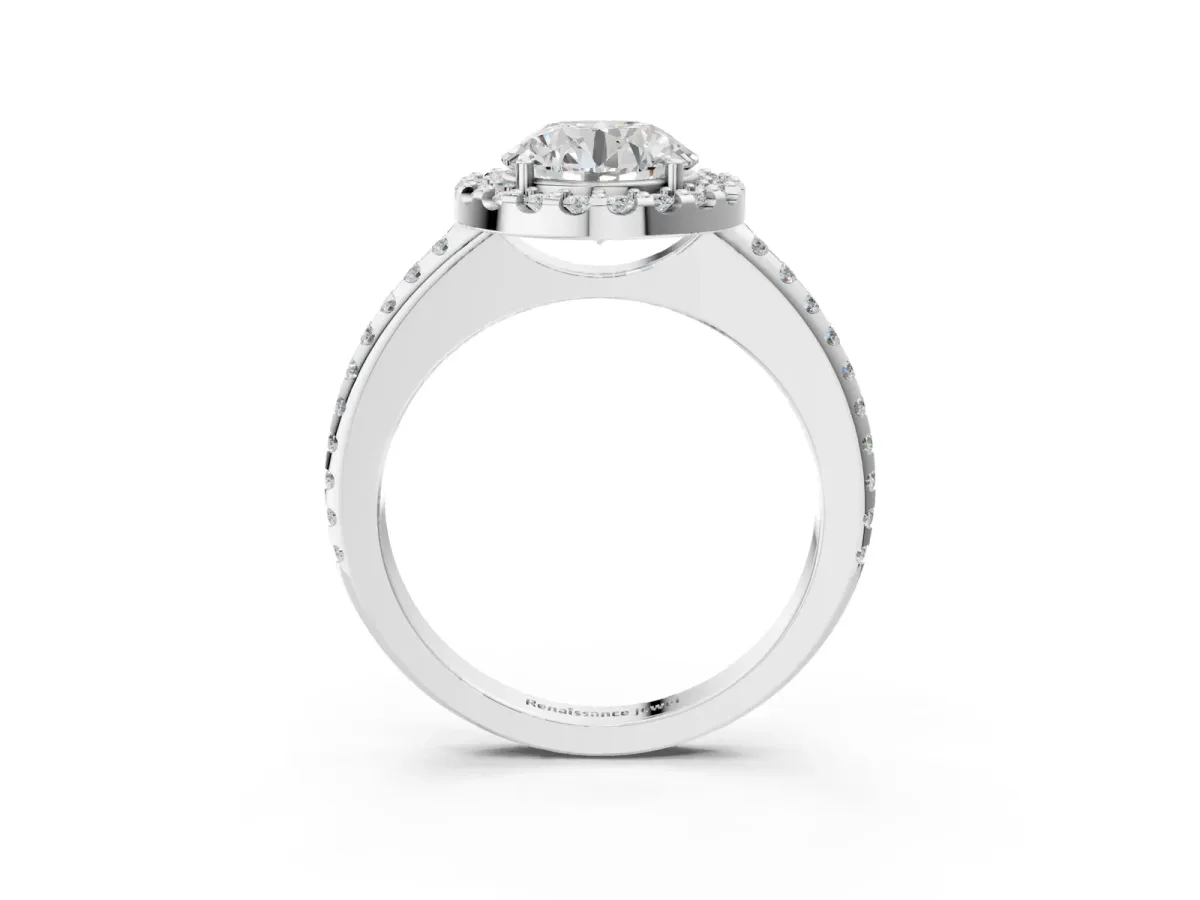 Round Cut Diamond Pavé Halo Ring with Four-Prong Setting White gold