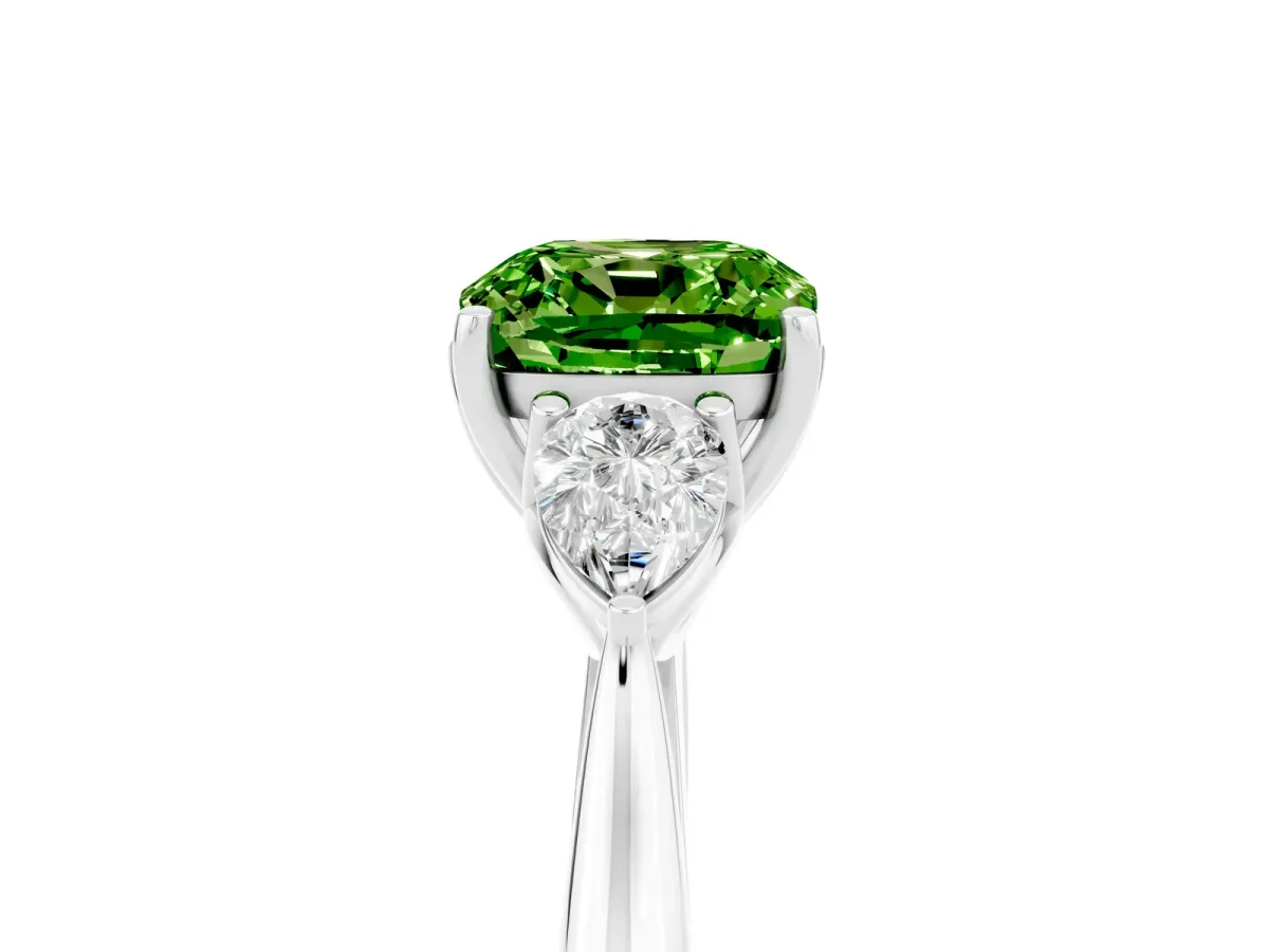 Three-Stone Cushion Cut Peridot Ring with Pear Side Stones in Four-Prong Setting White gold