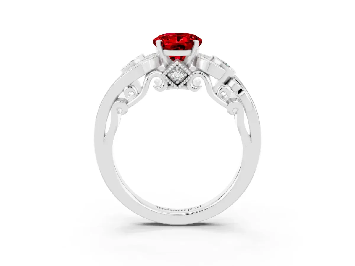 Oval Cut Ruby Solitaire Ring with Milgrain Pavé Band and Four-Prong Setting Platinum
