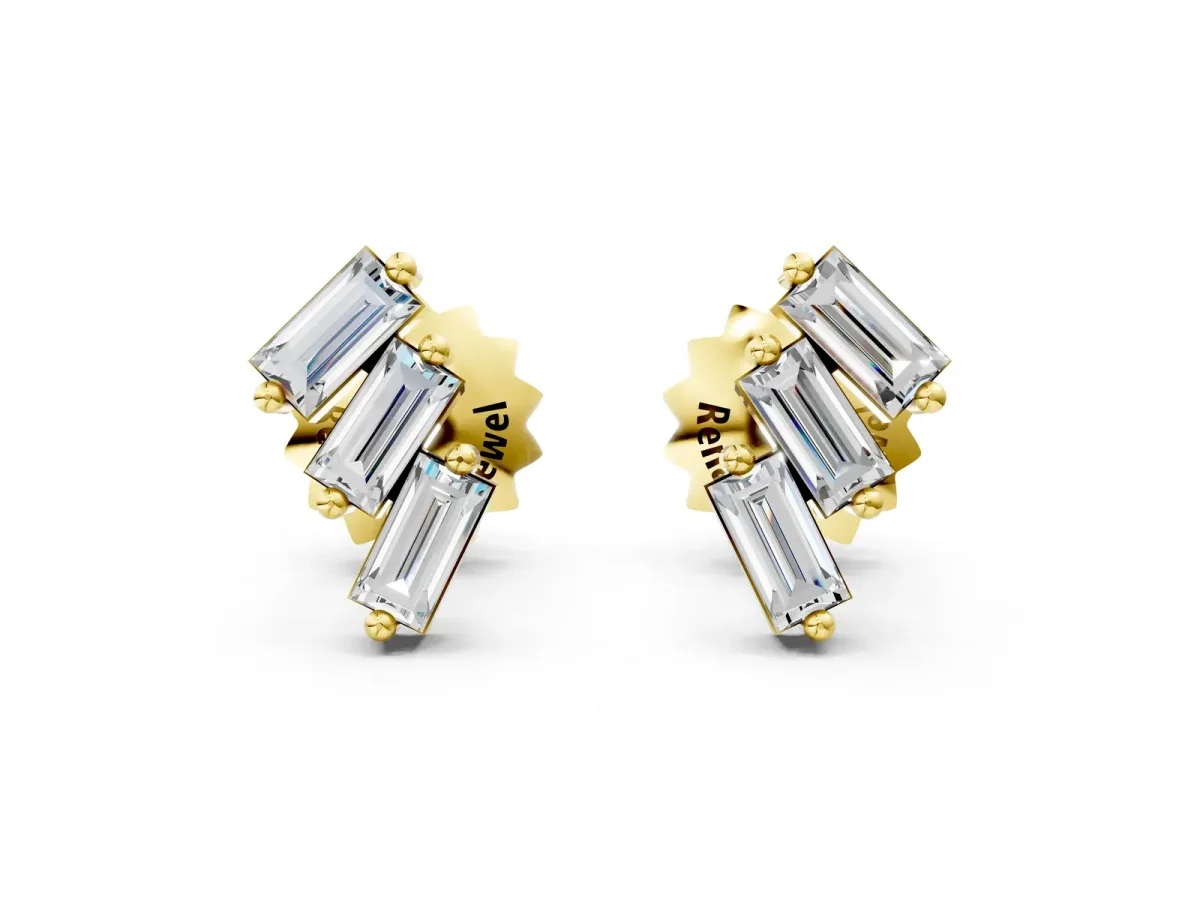 Baguette Diamond Three-Stone Stud Earrings Yellow gold