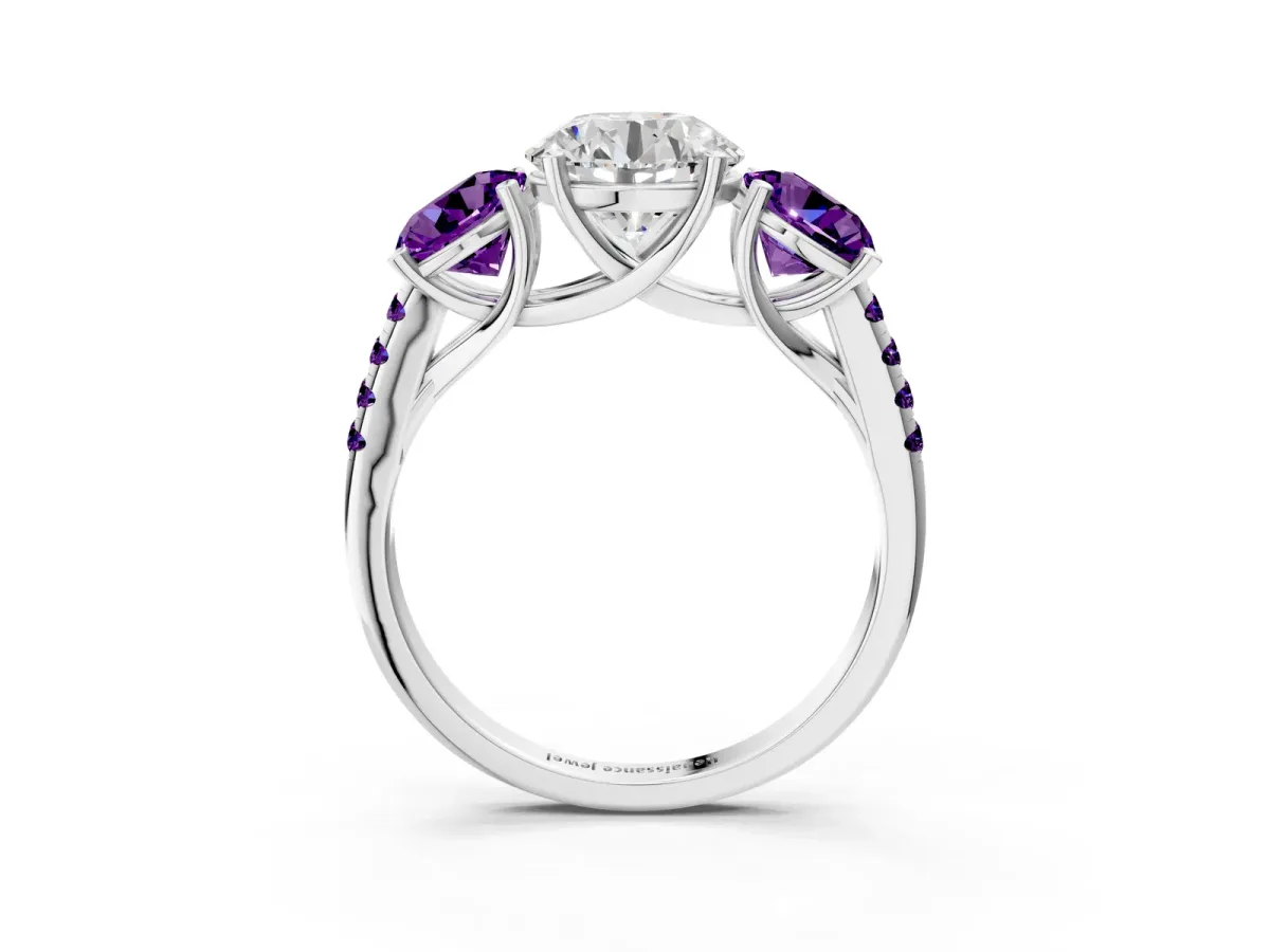 Three-Stone Round Cut Diamond Ring with Round Amethyst Pavé Band and Prong Setting Platinum