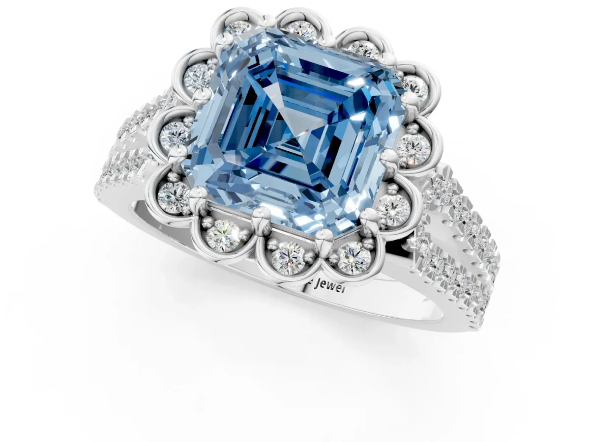 Fancy Blue Asscher Cut Halo Diamond Floral Split Shank Engagement Ring Platinum