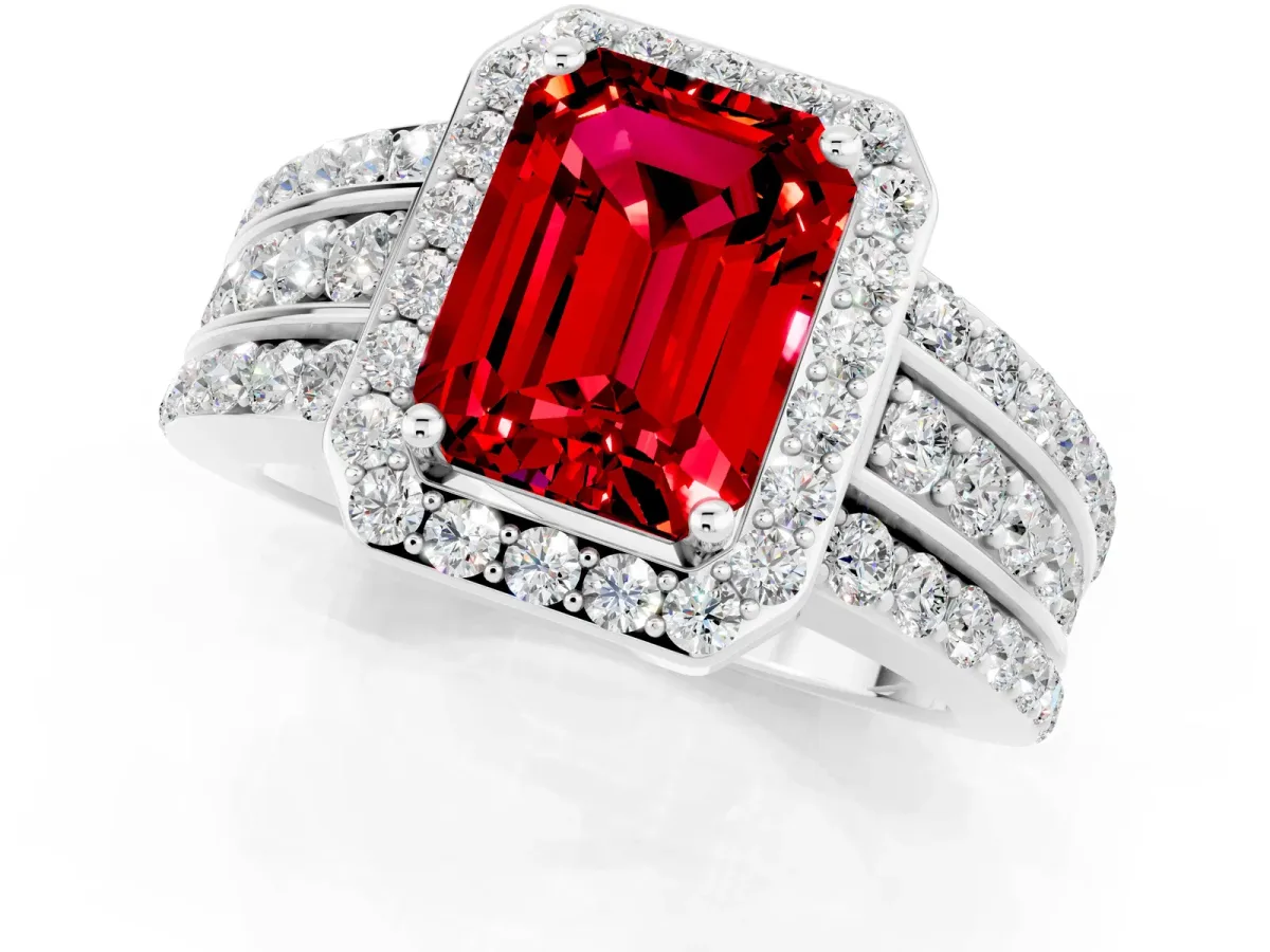 Emerald Cut Halo Ruby Ring with Round Split Shank and Prong Setting Platinum