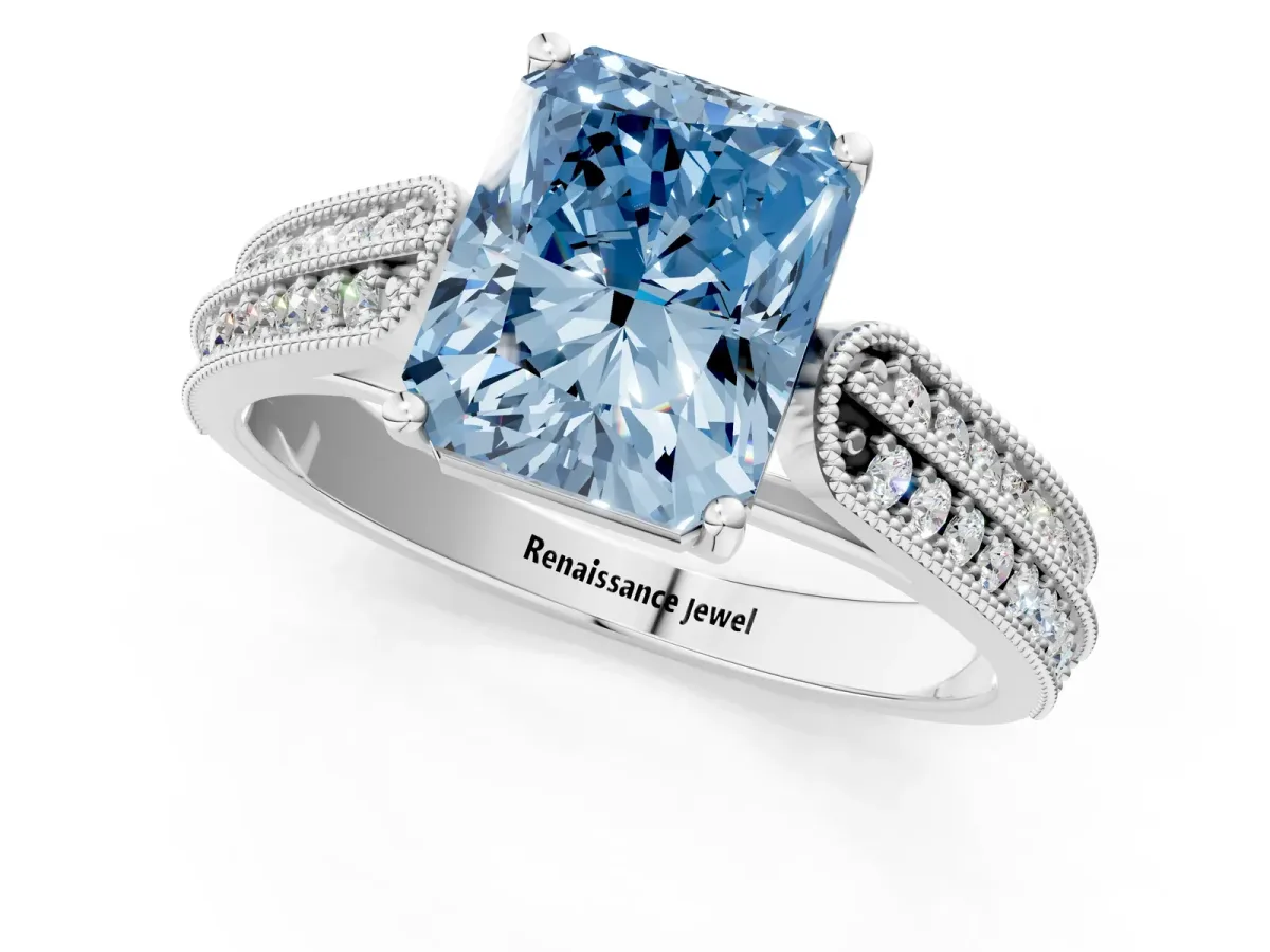 Fancy Blue Radiant Cut Cut Pave Split Shank Engagement Ring with Four-Prong Setting Platinum