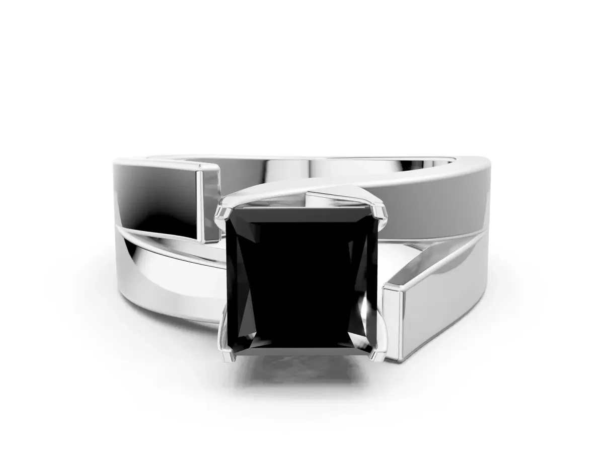 Fancy Black Modern Tension Set Princess Cut Diamond Solitaire Wide Band Ring Silver