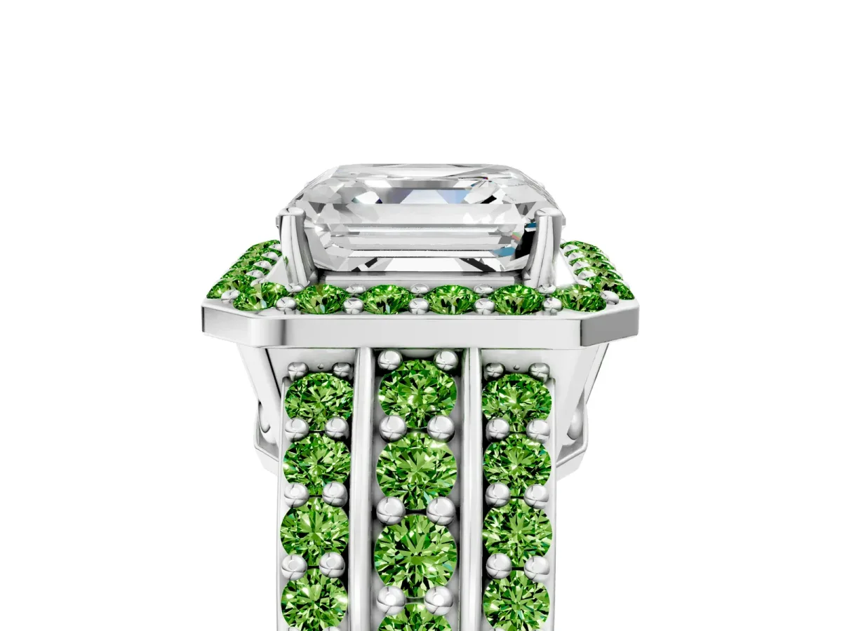 Asscher Cut Halo Diamond Ring with Round Peridot Split Shank and Prong Setting Silver
