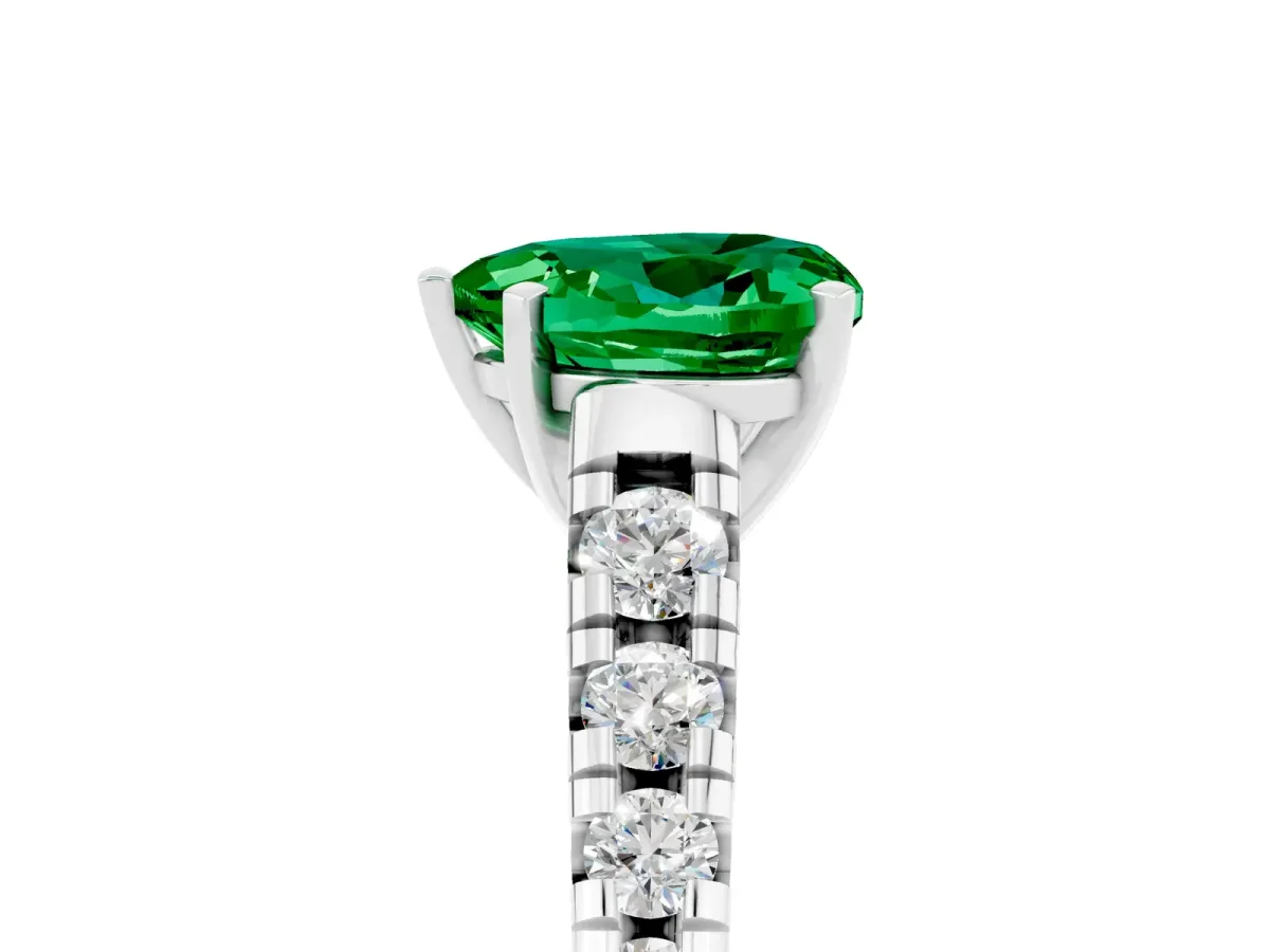 Heart Cut Emerald Cathedral Solitaire Ring with Round Pavé Band Silver