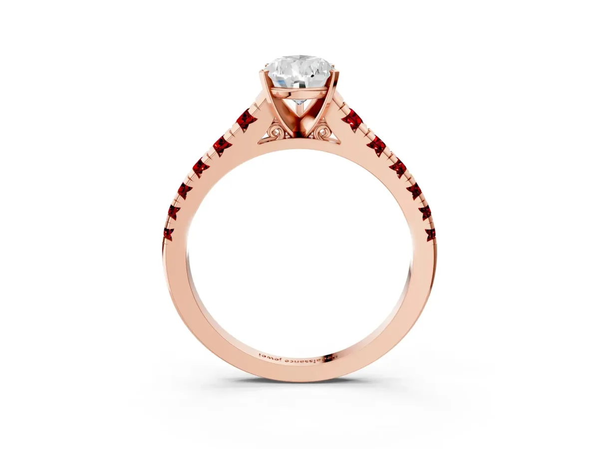 Pear Cut Diamond Cathedral Solitaire Ring with Round Ruby Pavé Band Rose gold