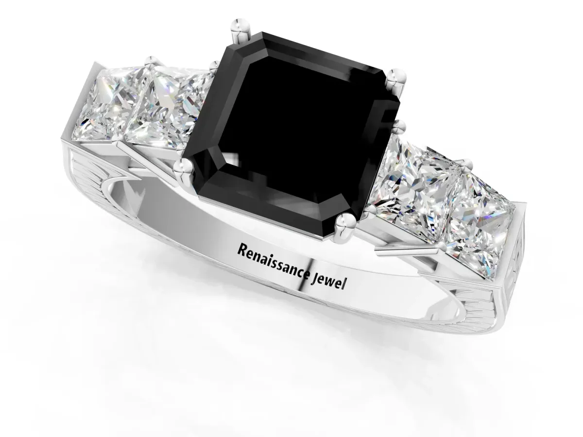 Fancy Black Asscher Cut Solitaire Princess Side Stone Engraved Band Prong Setting Ring Platinum