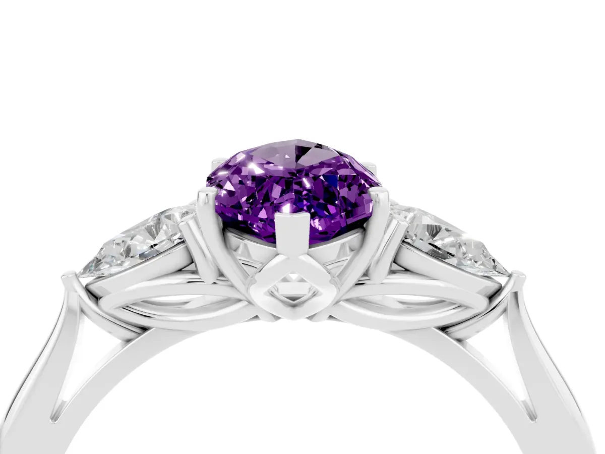 Marquise Cut Amethyst Three-Stone Ring with Pear Side Stones and Prong Setting White gold