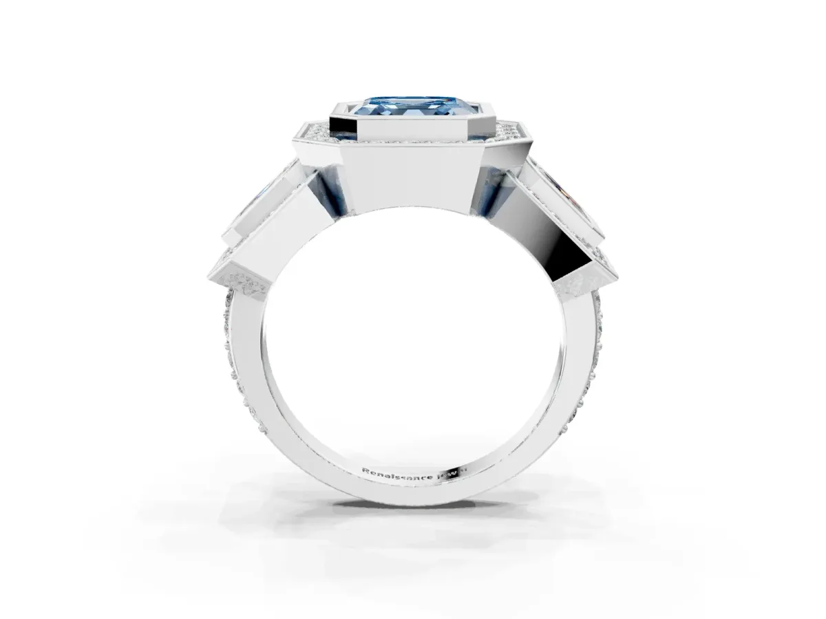 Fancy Blue Three-Stone Asscher Cut Halo Pavé Diamond Ring Platinum