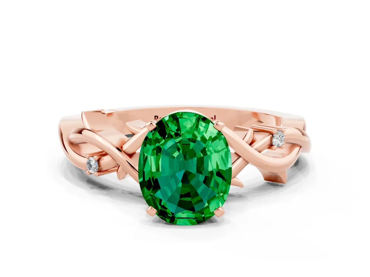 Oval Cut Emerald Solitaire Ring with Twisted Band and Prong Setting Rose gold