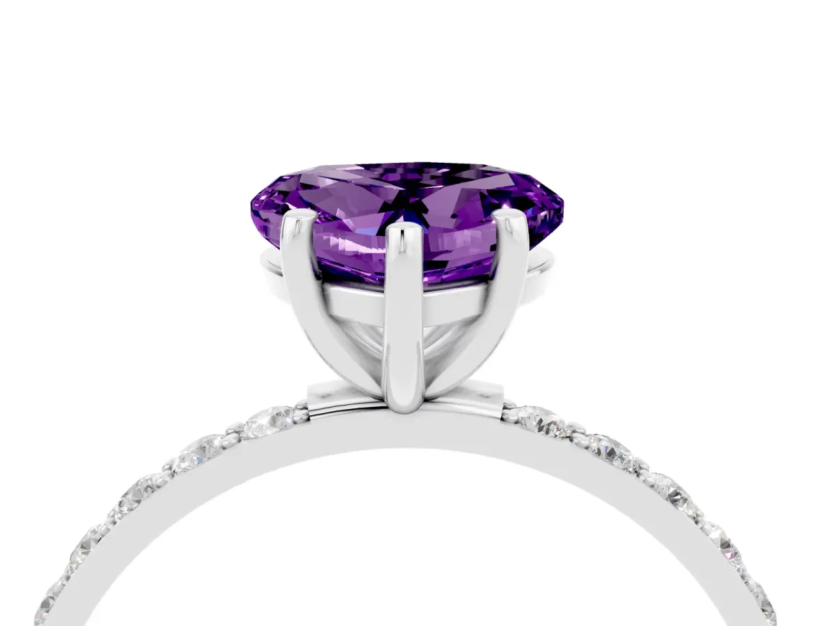 Heart Cut Amethyst Solitaire Ring with Round Pavé Band and Prong Setting Silver