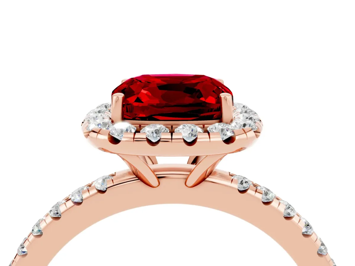 Cushion Cut Ruby Halo Ring with Round Pavé Band and Prong Setting Rose gold