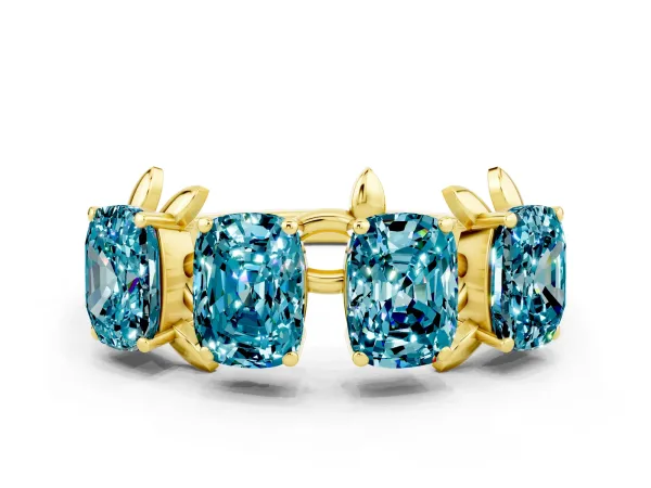 Four-Stone Elongated Cushion Blue Topaz Band with Nature-Inspired Prong Setting Yellow gold