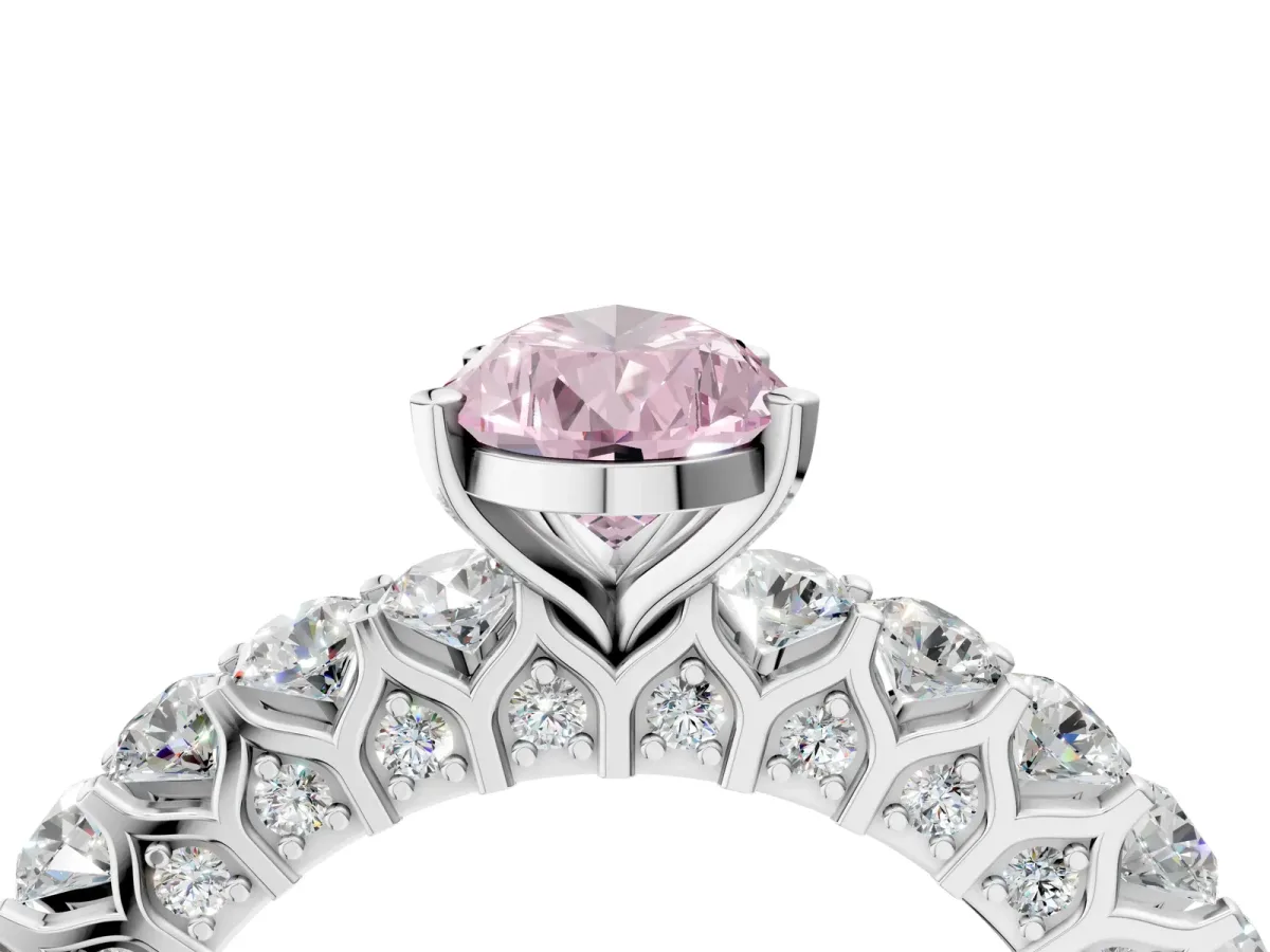 Fancy Pink Pear Cut Diamond Solitaire Ring with Shared Prong Pavé Band and Four-Prong Setting Silver