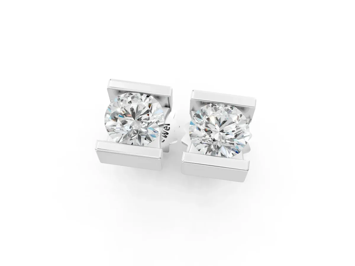 Bar Set Round Diamond Stud Earrings in White Gold Silver